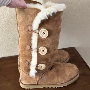 UGG Tan Suede Boots with Shearling and Button Details